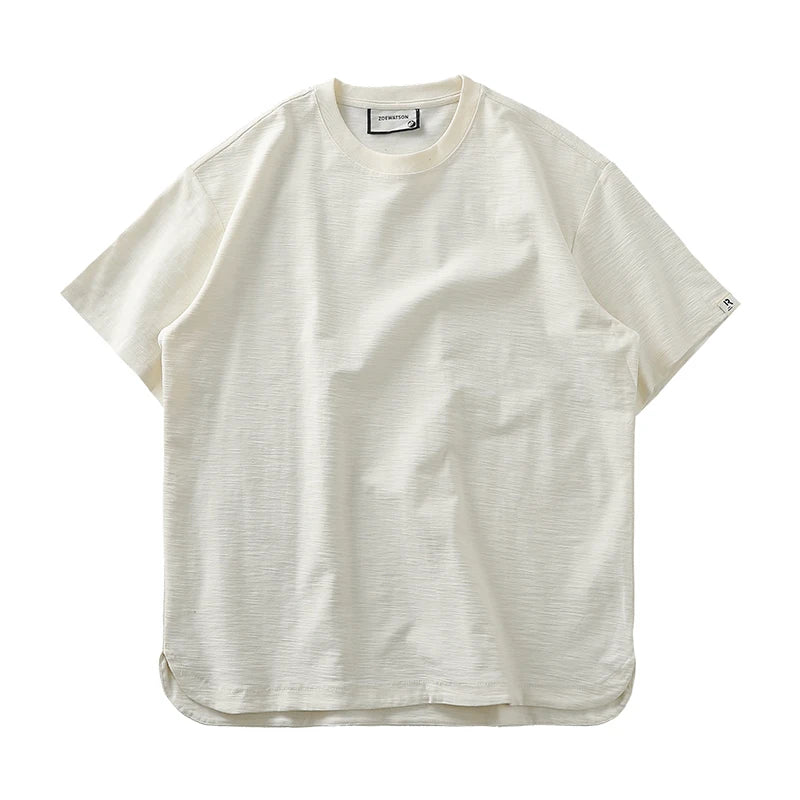 Dukeen Men Short Sleeved T Shirt Summer Loose 300Gsm Cotton Casual Sports Solid Color Round Neck White Tops