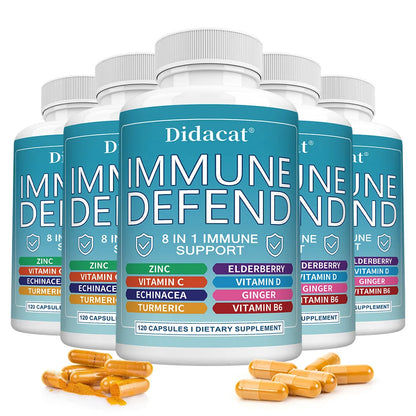 Advanced Immune Support, 8-in-1 Supplement, with Vitamin C, D, B6, Zinc, Elderberry, Turmeric, Ginger & Echinacea, Antioxidants