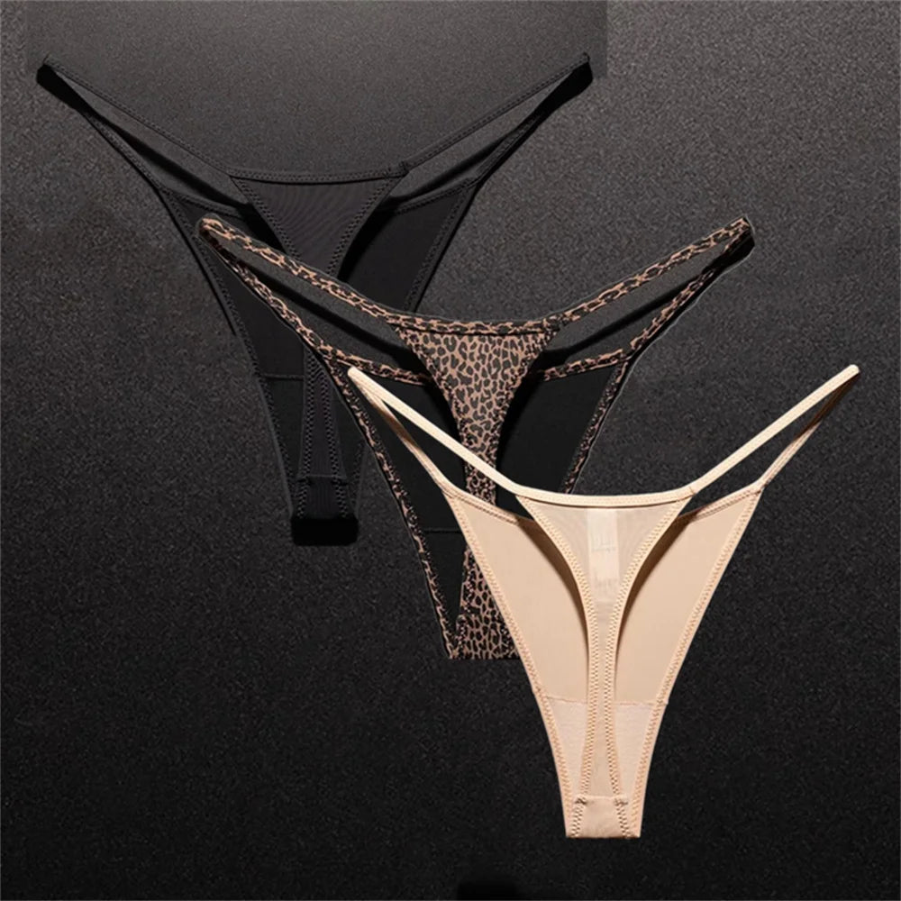 3PCS Sexy High Slit Transparent Mesh Thong Leopard Printed Fitness Female Hip Lifting G-strings Low Rise Seamless Mini Underwear