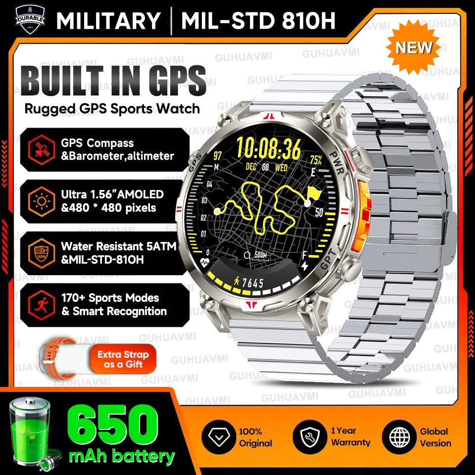 2026 Outdoor GPS Sports Smart Watch Men Built in GPS Compass 5ATM Waterproof Bluetooth Call HD AMOLED Screen Fitness Smartwatch