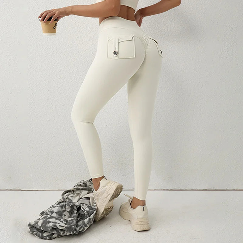 TRY TO BN Sports Gym Leggings Yoga Pants Fitness Scrunch Buttons Peach Hips High Waist Leggings With Pocket Running Tights Women