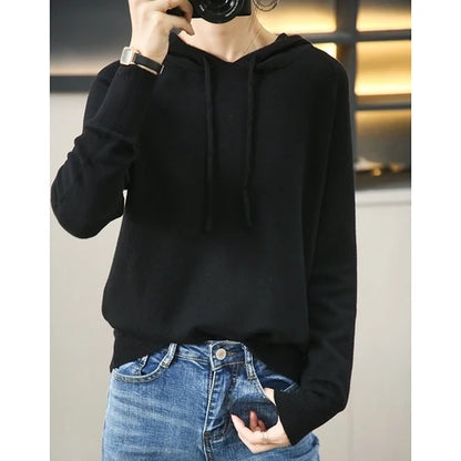Women Sweater 2025 Autumn Winter Hooded Pullovers Long Sleeve Bottoming Shirts Loose Knitted Jumpers Solid Casual Ladies Sweater