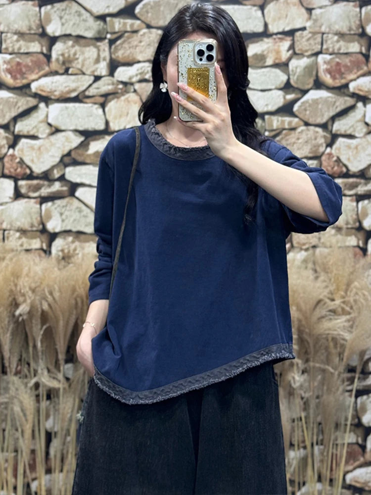 Amax LuluE Womens Fashion Korean Luxury Tops Ladies 2025 Autumn Leisure Vintage Tee Shirts Loose Cotton O Neck Fitness Clothing