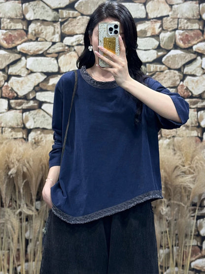 Amax LuluE Womens Fashion Korean Luxury Tops Ladies 2025 Autumn Leisure Vintage Tee Shirts Loose Cotton O Neck Fitness Clothing