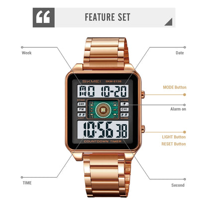 SKMEI 2136 lighting Stylish Mens Digital Watch Stainless Steel Countdown Stopwatch Wristwatch Fashion Electronic Movement Clock