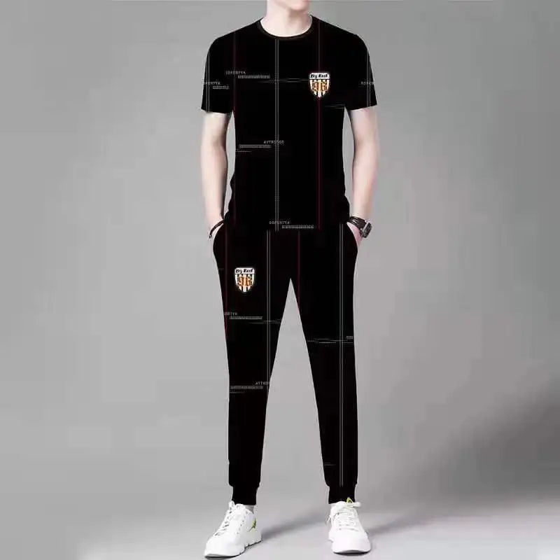 2025 Summer Men's Trousers Tracksuit 2 Piece Set Fashion Sportswear Short Sleeve T Shirt+Long Pants Male Clothing