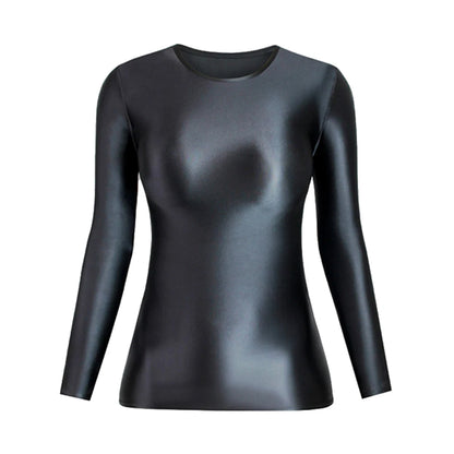 MJINM Glossy Satin Elastic Crewneck Longsleeve Breathable Tops Blouse Streetwear Sport Fitness Yoga Tees Casual Tight Undershirt
