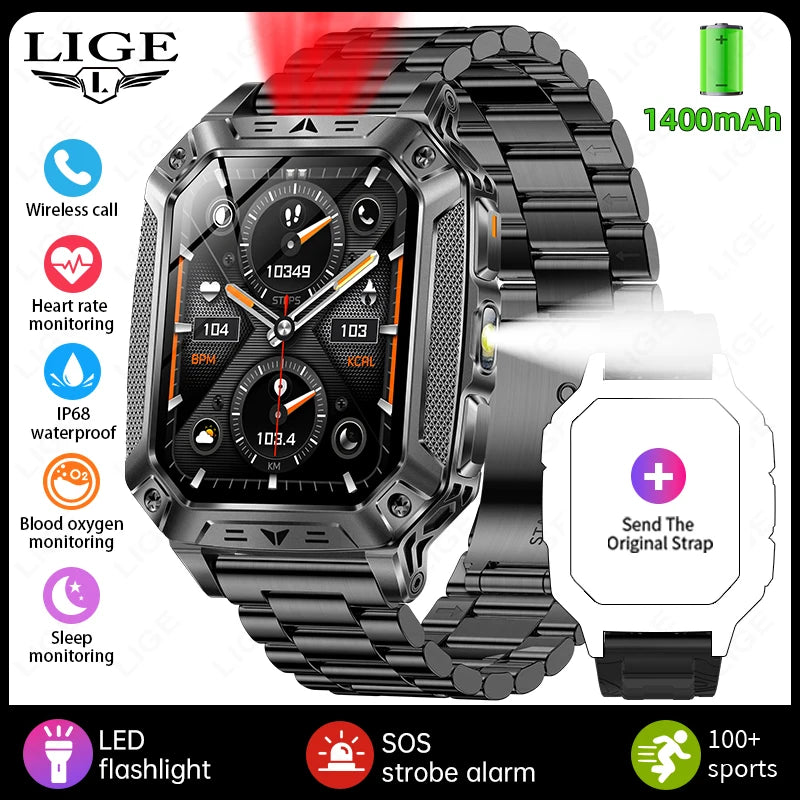 LIGE 1400mAh Large Capacity Battery Smart Watch Men Outdoor SOS Flashlight IP68 Sports Fitness Tracker Voice Calling Smartwatch