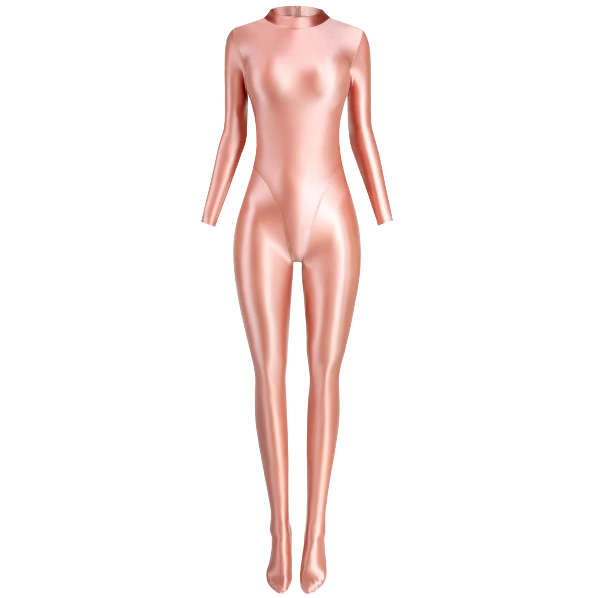 MJINM Glitter Shiny Satin High Stretch V-crotch Longsleeve Back Zipper Yoga Fitness Jumpsuit Bodysuit Playsuit Catsuit Homewear