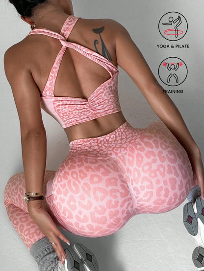 Casual Sexy Outdoor Yoga Tracksuits Women Leopard Print Corset Top+Pants 2-piece Set Female GYM Fitness Trousers Suit Sportwear