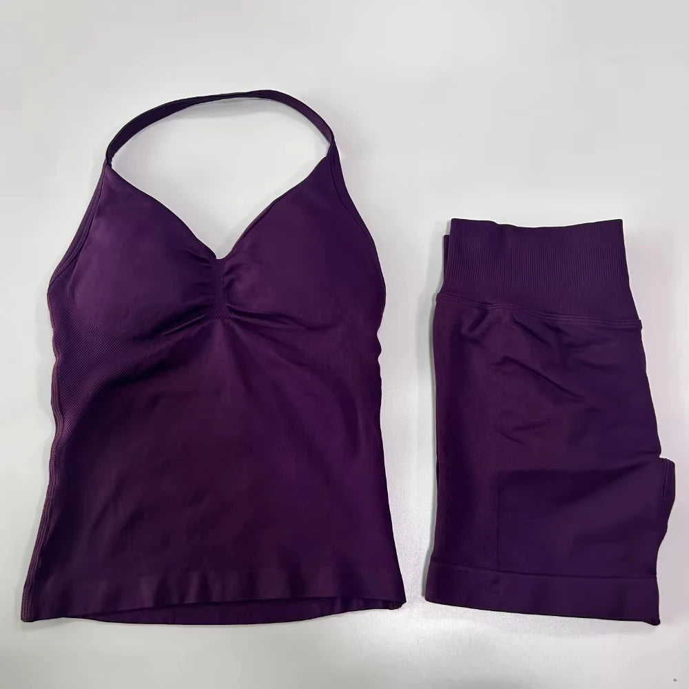 2Pcs Gym Set Women Backless Tank Tops High Waist Scrunch Seamless Shorts Gym Suit Fitness Clothes Activewear Workout Set