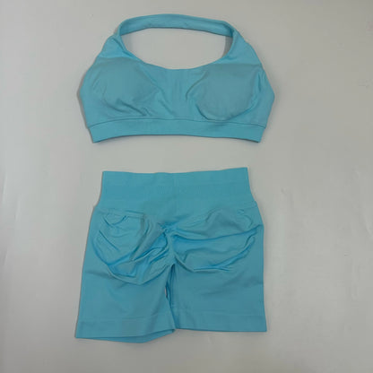 Yoga Shorts Sets Seamless Yoga Set Women 2Pcs Halter Sports Bra Scrunch Butt Gym Shorts Set Workout Clothes Summer Sportswear