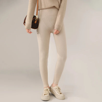 2024 new women's leggings 100% wool knitted high waisted pants, warm, soft, elastic tight pants, slim fit women's cashmere pants