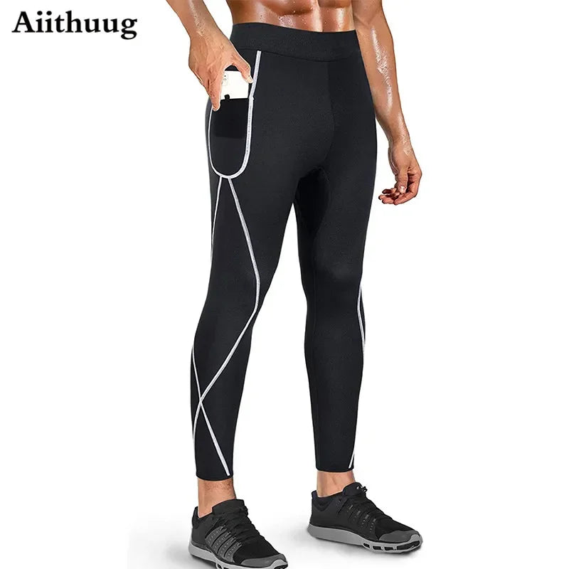 Aiithuug Men Neoprene Sweatpants Athletic Sauna Sweat 5 Times Sweating Pants Running Workout Sports Leggings Pocket Body Shapers