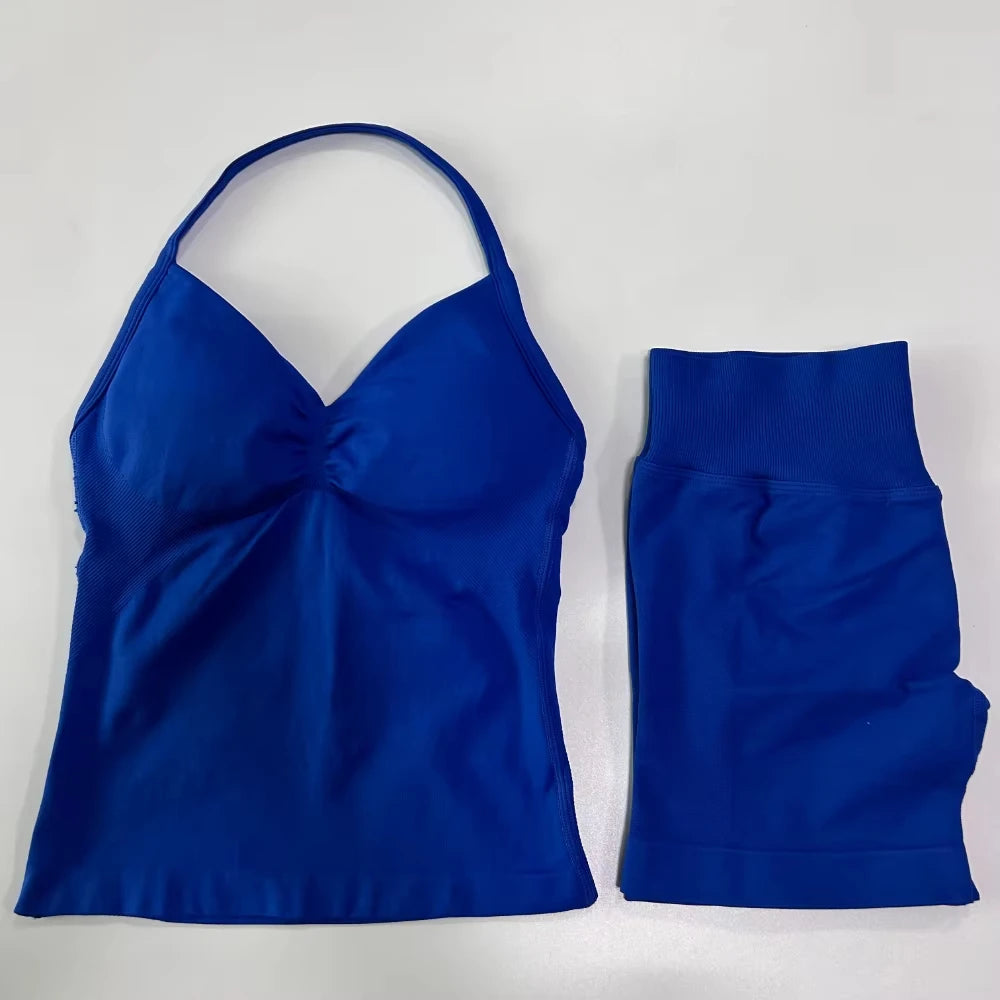 2Pcs Gym Set Women Backless Tank Tops High Waist Scrunch Seamless Shorts Gym Suit Fitness Clothes Activewear Workout Set