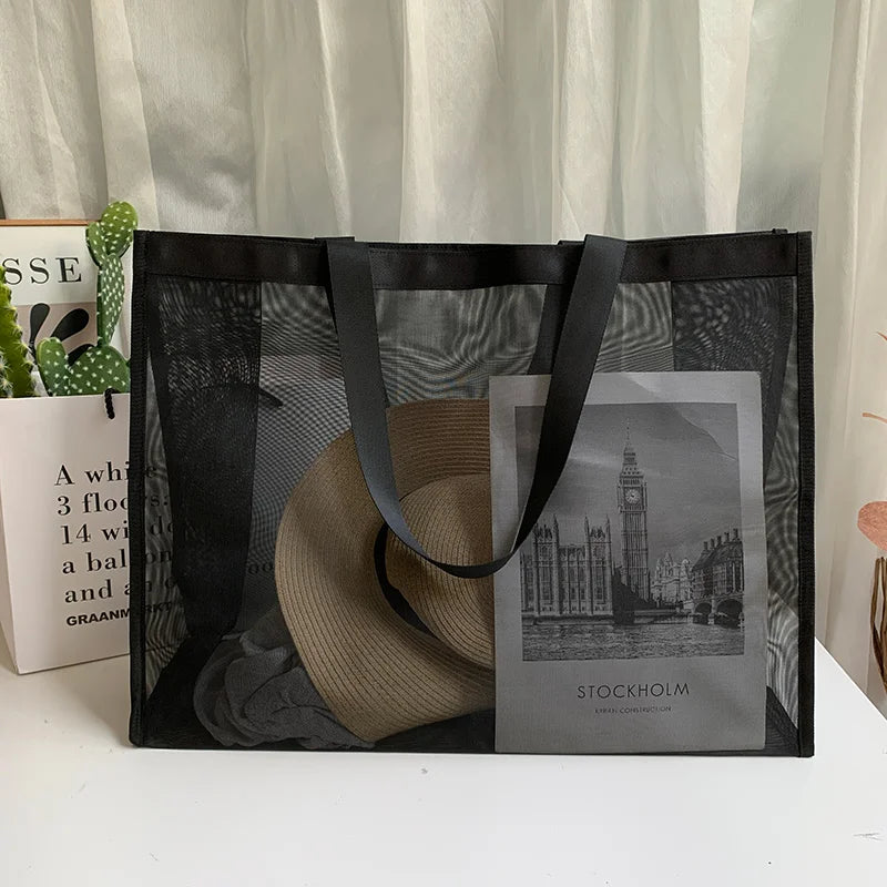 Mesh Handbag Transparent Shopping Bag Swimming Bag Nylon Mesh Dance Yoga Fitness Large Capacity Storage Bag Beach Bag