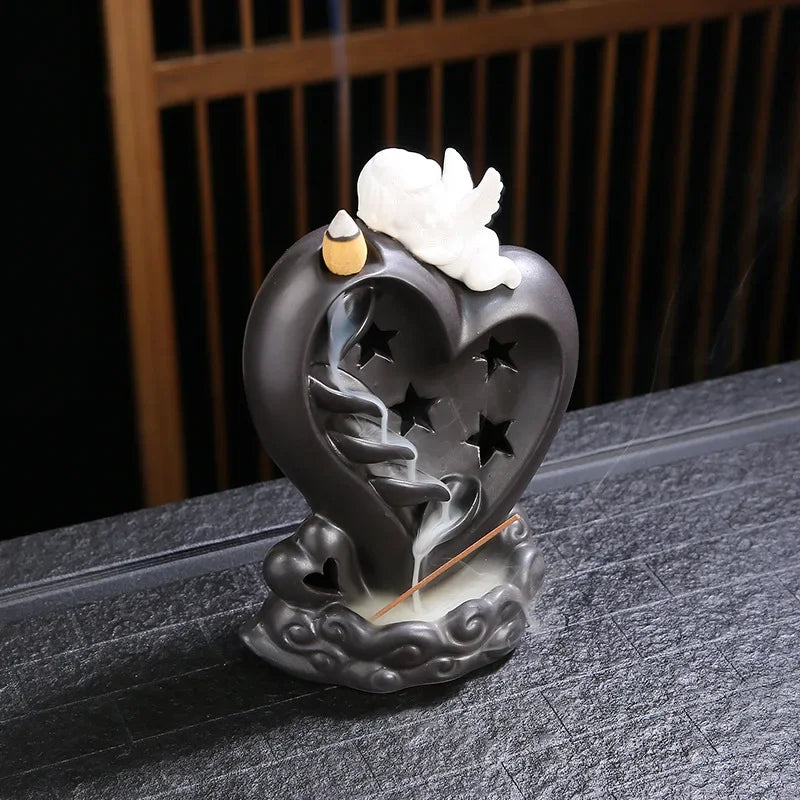 Y Beautiful Angel Backflow Incense Burner with LED RGB Light Smoke Waterfall Incense Base Living Room Home Decor Christmas Gift