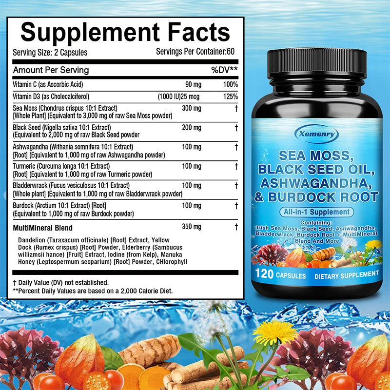 Sea Moss, Black Seed Oil, Ashwagandha & Burdock Root - Provide Energy and Enhance Immunity