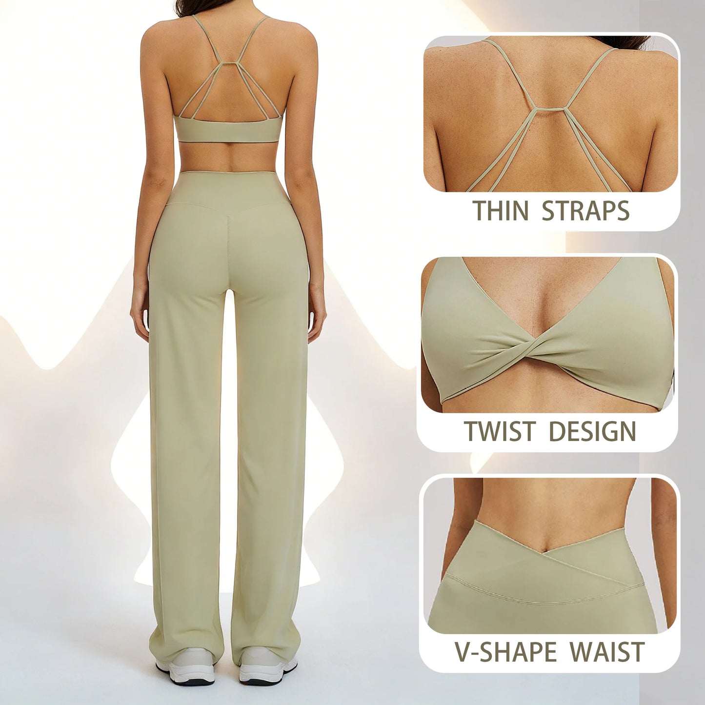Yoga Set - Backless Bra + Cross Waist Wide Leg Pants Fitness Suit, Jogging Tracksuit Active Wear Workout Loungewear Sports Gym