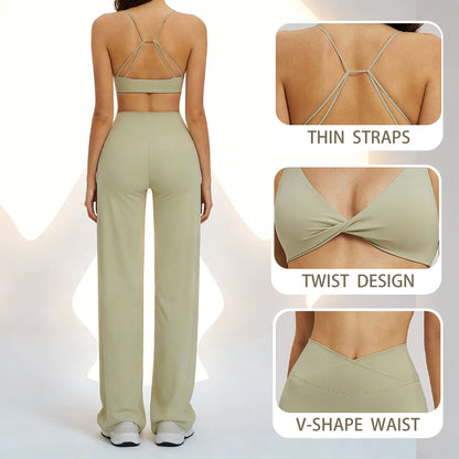 Yoga Set - Backless Bra + Cross Waist Wide Leg Pants Fitness Suit, Jogging Tracksuit Active Wear Workout Loungewear Sports Gym