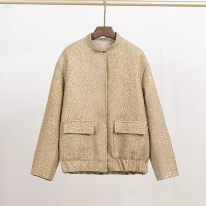 2025 Women Spring Vintage Sequins Jacket Coat Fashion Women Stand Collar Loose Style Jacket Femme Streetwear Tops Clothes