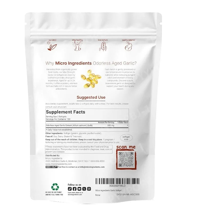 Odorless Garlic Oil Capsules 2 Years Aged Garlic Extract Natural Herbal Supplements Wirh Grown Allium Sativum Bulb 300 Softgels