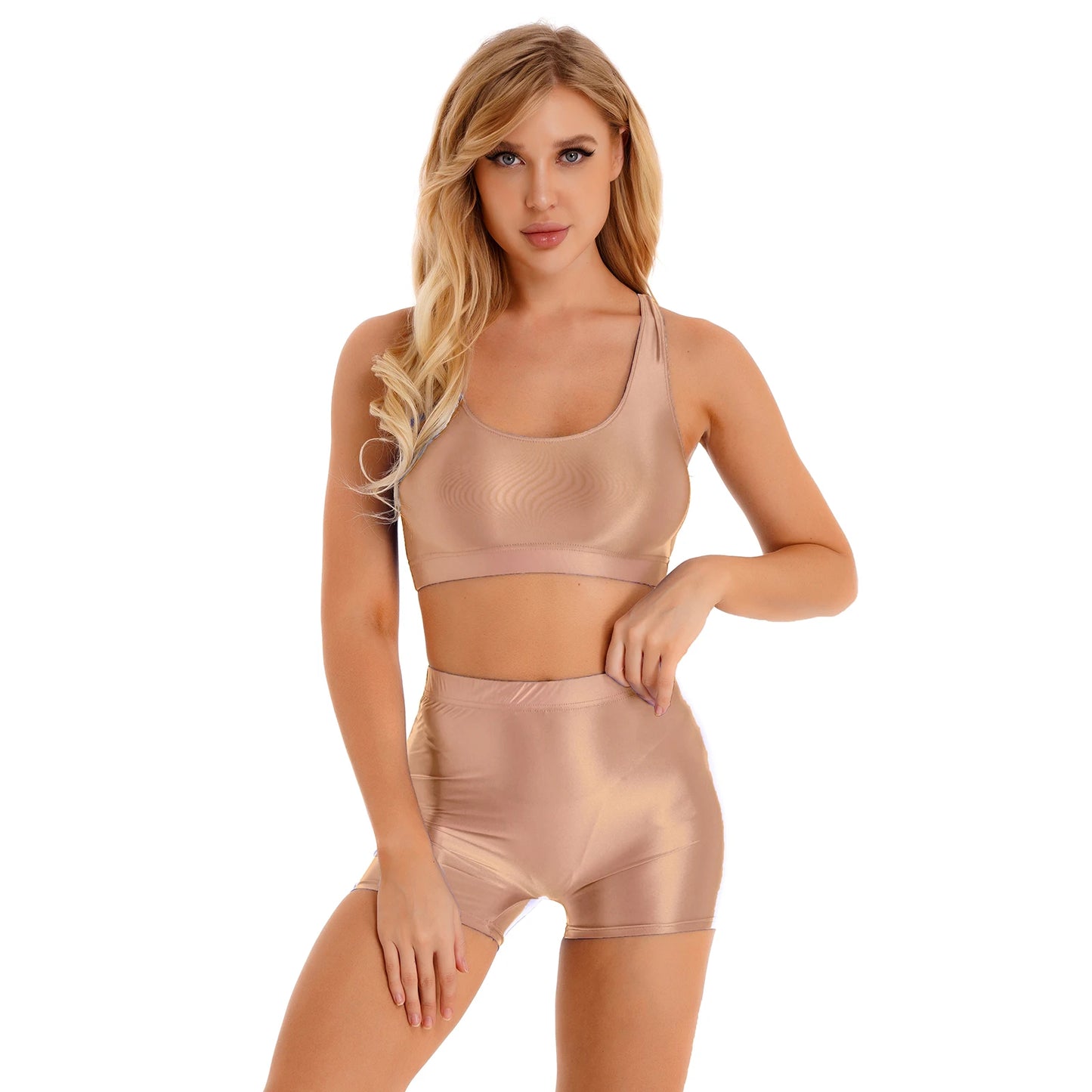 Womens Glossy Swimwear Sleeveless Tank Top with Mid Waist Shorts Fitness Workout Yoga Sportswear Beach Pool Surfing Swimsuit