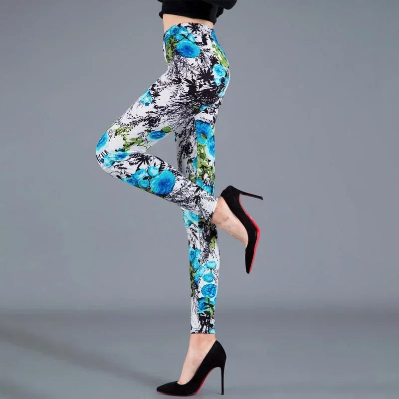 Women Floral Printed Exercise Colorful Peony Flower Female Elastic Leggins High Waist Pants Push Up Trousers Fitness Leggings