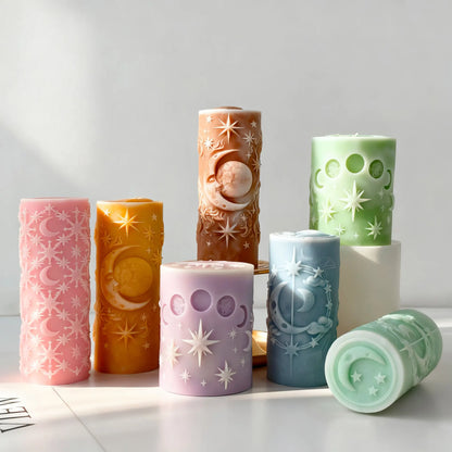 Star and Moon Pillar Candle Mold Celestial Cylinder Silicone Mold DIY Aromatherapy Wax Craft Home Decor Night Sky Theme