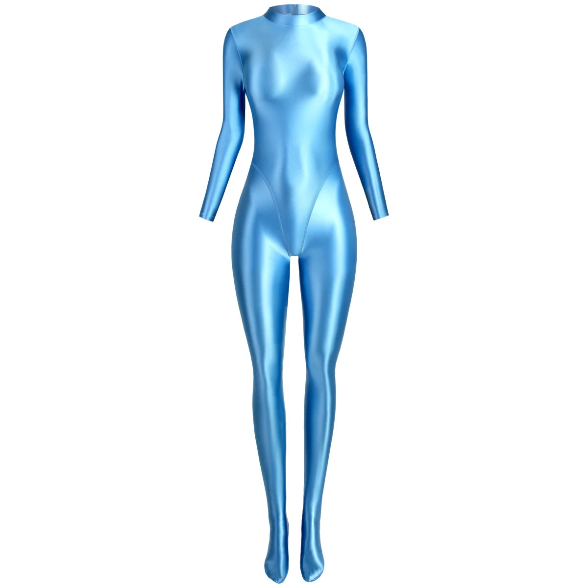 MJINM Glitter Shiny Satin High Stretch V-crotch Longsleeve Back Zipper Yoga Fitness Jumpsuit Bodysuit Playsuit Catsuit Homewear