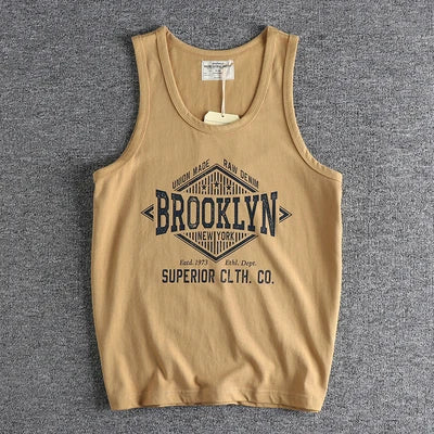 Summer New 230g American Retro Sleeveless O-neck Letter Printed T-shirt Men's 100% Cotton Washed Casual Sports Fitness Vest Tops