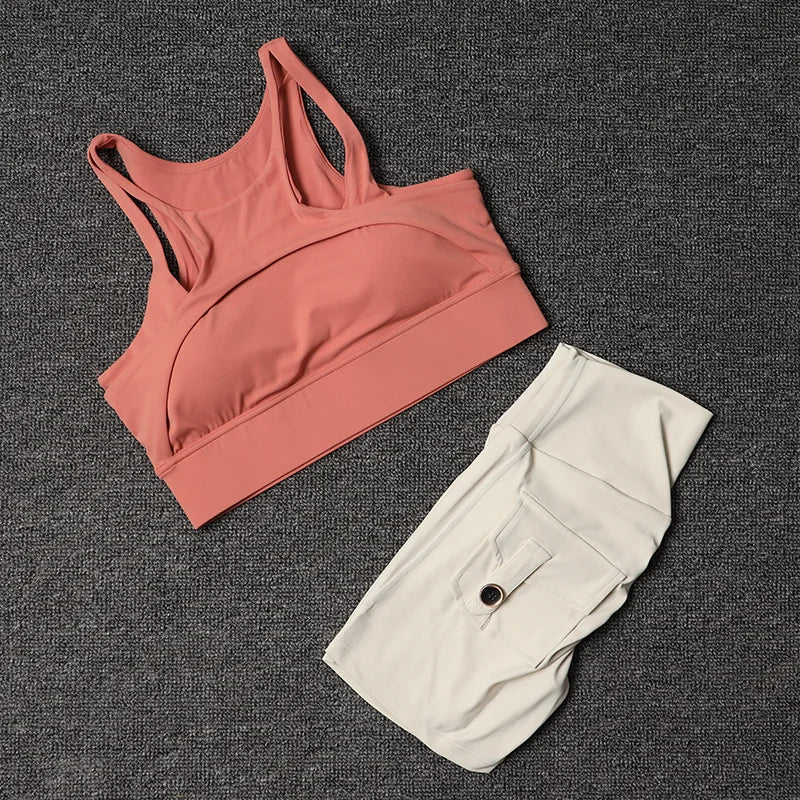 TRY TO BN Fitness Shorts Yoga Sports Bra Sets Women's Tracksuit Sportswear Workout High Waisted Leggings Cycling Gym Suit Pocket