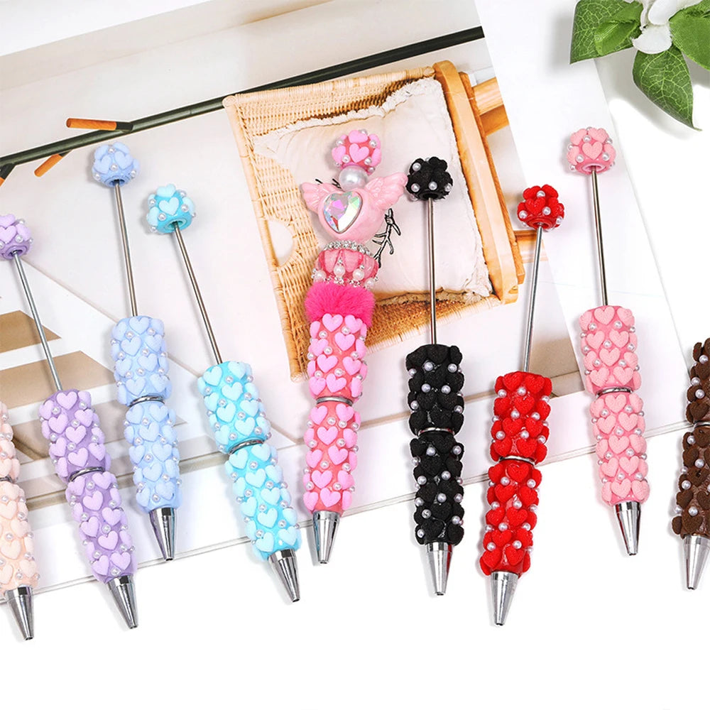 10-50Pcs DIY Clay Heart Bead Pen with Pearl Detail — Useful Ballpoint Pen for Journaling, Office, and Gifts