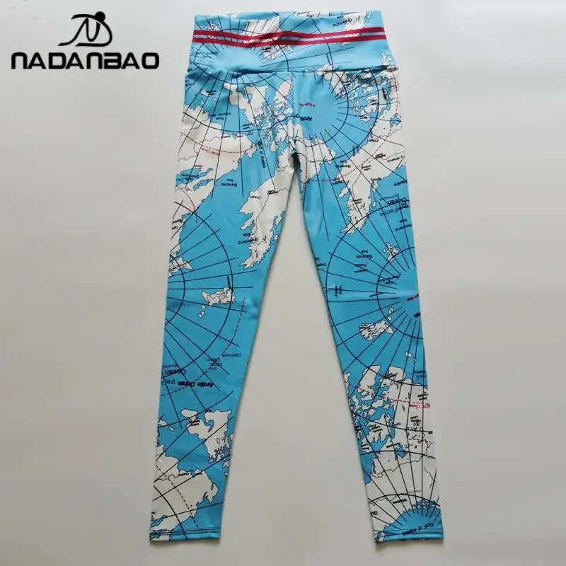 NADANBAO Woman Map Printed Leggings High Waist Skinny Trousers Lady Sporty Workout Pants Female Outdoor Running Riding Bottom