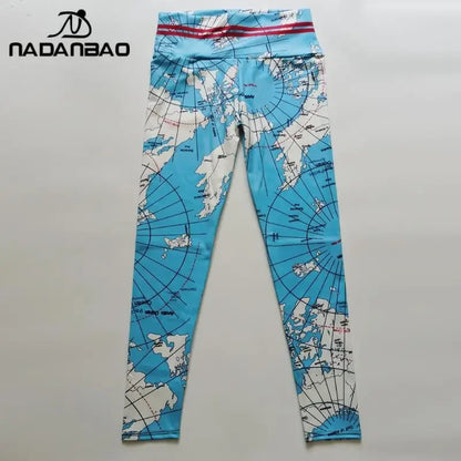 NADANBAO Woman Map Printed Leggings High Waist Skinny Trousers Lady Sporty Workout Pants Female Outdoor Running Riding Bottom