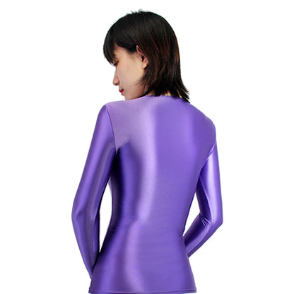 MJINM Glossy Satin Elastic Crewneck Longsleeve Breathable Tops Blouse Streetwear Sport Fitness Yoga Tees Casual Tight Undershirt