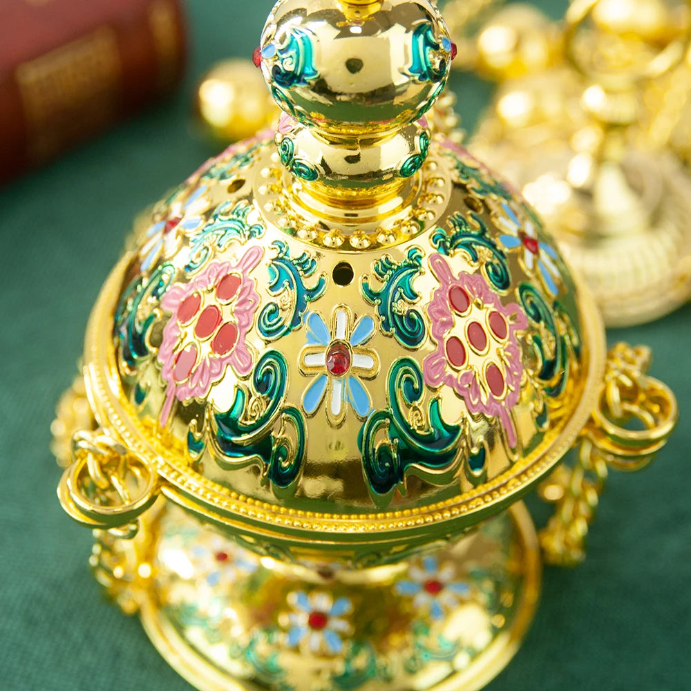 HTISOK Orthodox Incense Burner Gold Plated Censer with Enamel Home Hanging Incense Charcoal Burner Church Sacrificial Supplies