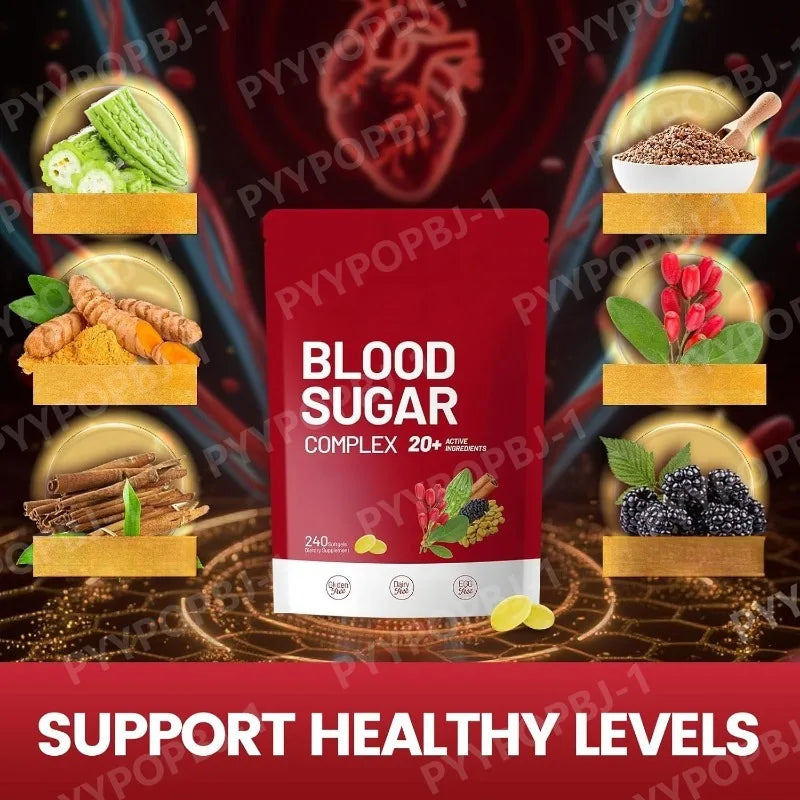 Blood Sugar Complex Supplement Advanced Formula with 20 Herbs and Vitamins Daily Health Support 240 Softgels Per Bag Vegan