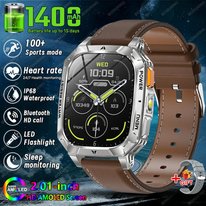 Rugged Military 1400mAh Battery Smart Watch Fitness Tracking IP68 Waterproof Tactical Sports Flashlight 2026 New Men Smartwatch