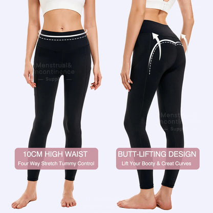 Women Period Yoga Pants with Pockets High Waist Leakproof Elastic Soft Menstrual Leggings for Workout Running Yoga