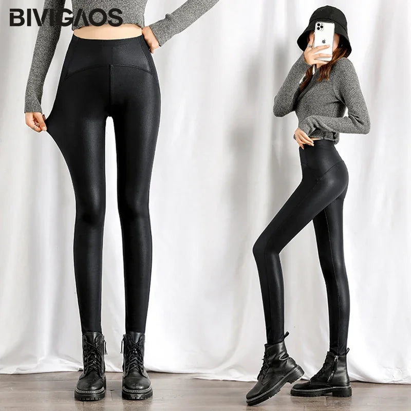 Autumn Winter Black Fleece Matte Leather Leggings Women High Waist  Sexy Motorcycle Pants Slim Skinny Warm Leggings