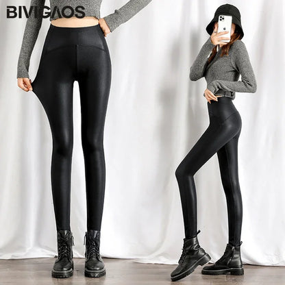Autumn Winter Black Fleece Matte Leather Leggings Women High Waist  Sexy Motorcycle Pants Slim Skinny Warm Leggings