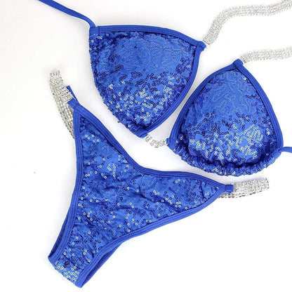 Crystal Fitness Competition Bikini Suit for Women NPC IFBB Swimwear in Blue Red Purple Yellow Colors Health-Fit Design