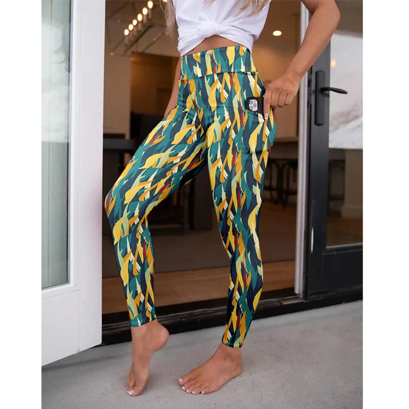 LETSFIND High Waist Women's Fitness Leggings 3D Digital Print Sexy Pockert Elastic Pants Fashionable Gym Trousers