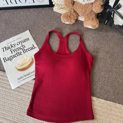 Dopamine  Sporty Fitness Women's Tank Top with Chest Pad Outdoor Style round Neck Backless Vest Casual Daily Wear