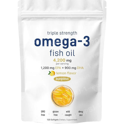 Triple Strength Omega 3 Fish Oil Supplements 4200mg Per Serving 120 Softgels Lemon Flavored Burpless EPA