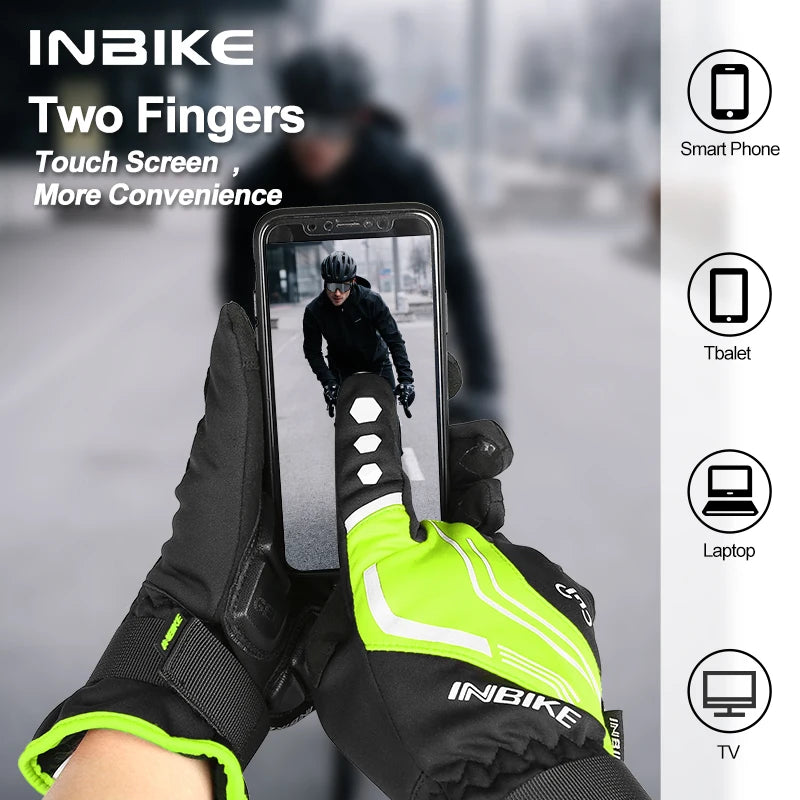 INBIKE Thermal Cycling Gloves Gel Winter MTB Road Bike Gloves Windproof Shockproof Full Finger Glove Bicycle Riding Accessories