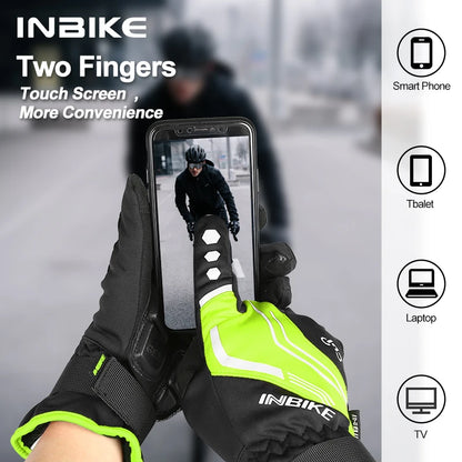 INBIKE Thermal Cycling Gloves Gel Winter MTB Road Bike Gloves Windproof Shockproof Full Finger Glove Bicycle Riding Accessories