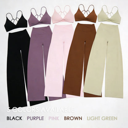 Yoga Set - Backless Bra + Cross Waist Wide Leg Pants Fitness Suit, Jogging Tracksuit Active Wear Workout Loungewear Sports Gym