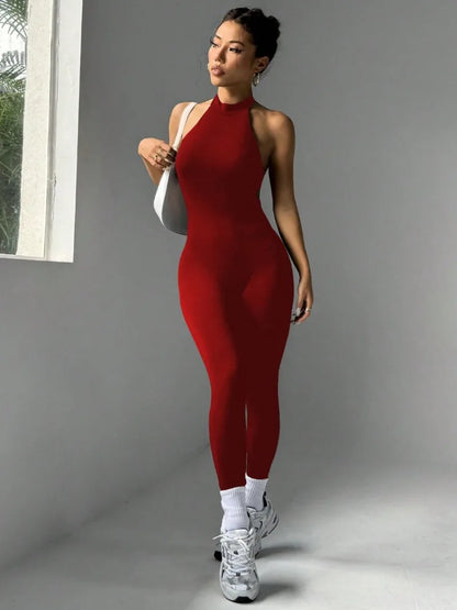 Sexy Halter Backless Sports Jumpsuits for Women Off Shoulder Sleeveless Fitness Gym Bodysuit Female Solid Tight Yoga Overalls